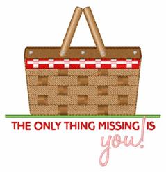 Woven picnic basket with red and white checkered lid, playful text invites gatherings, perfect for spring/summer.