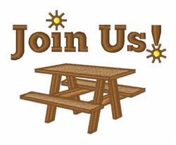 Brown picnic table with bold 'Join Us!' text and cheerful sun icons, perfect for outdoor gatherings.