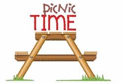Wooden picnic table with 'Picnic Time' in playful red text, set on green grass for a cheerful summer atmosphere.