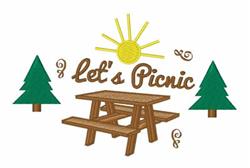 Cheerful picnic table with 'Let's Picnic' text, surrounded by vibrant trees and a bright sun, perfect for summer.
