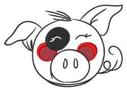 Playful pig face with a pink snout, bold black and red eyes, and a cheerful smile in a cartoon style.