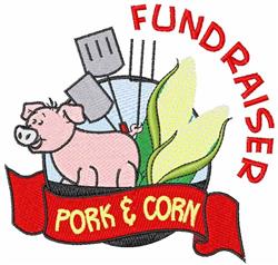 Playful pig smiling in front of vibrant corn, with bold 'FUNDRAISER' text and a red ribbon, perfect for community events.