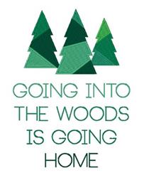 Stylized pine trees in geometric pattern, featuring autumn hues and playful text about nature.