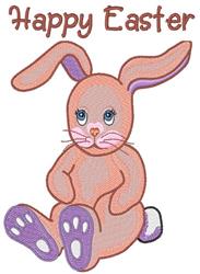 Playful pink bunny with large ears and a friendly smile for Easter, featuring 'Happy Easter' text above.