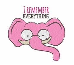 Playful pink elephant wearing large glasses with the text 'I REMEMBER EVERYTHING' above it.