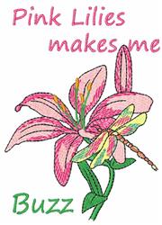 Colorful pink lilies with detailed petals and a buzzing bee, featuring playful text 'Pink Lilies makes me Buzz'.