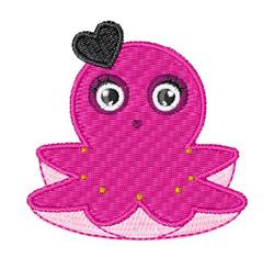 Cute pink octopus with large eyes and a black heart, designed for children's items in a playful cartoon style.