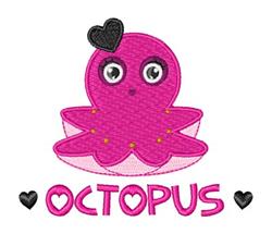 Playful pink octopus with large eyes, black heart on head, and 'OCTOPUS' text, perfect for kids' items.
