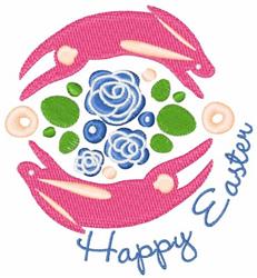 Two playful pink rabbits leap among vibrant blue flowers and green leaves, featuring a 'Happy Easter' script.