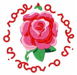 Colorful pink rose with green leaves and vibrant red cursive text saying 'a rose is a rose'.