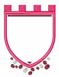 Modern blank shield crest featuring a pink shield topped with castle turrets, accented with red and white decorative elements