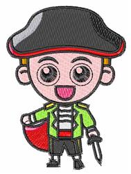 Playful pirate character with large eyes, vibrant green coat, red cape, and distinctive hat. Fun design for kids.