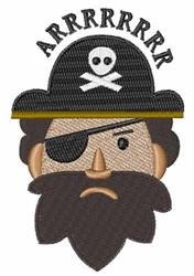 Cartoon pirate character with a bushy beard and eyepatch wearing a skull-adorned hat, playful design.