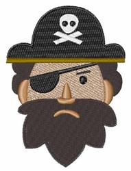 Cartoonish pirate character in applique style, featuring a black hat with skull, thick beard, and eyepatch.
