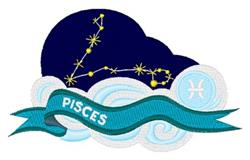 Pisces constellation in yellow stars on a dark blue background, with whimsical light blue clouds and a teal ribbon banner.