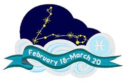 Pisces constellation banner with gold stars on a dark blue sky, light blue clouds, and vibrant teal text for zodiac birthdays