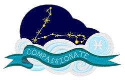 Pisces constellation with vibrant yellow stars over dark blue clouds, featuring a blue banner reading 'COMPASSIONATE'.