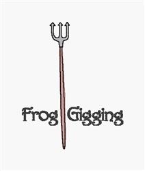 Playful pitchfork with three prongs in muted brown above 'Frog Gigging' text in dark contrast. Perfect for kitchen decor.