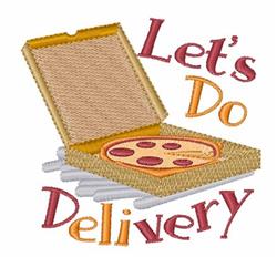 Whimsical pizza in an open box with pepperoni slices and colorful 'Let's Do Delivery' text, perfect for a fun kitchen theme.