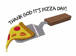 Cartoon-style pizza slice with cheese and pepperoni on a spatula, celebrating 'Pizza Day!' with vibrant colors.
