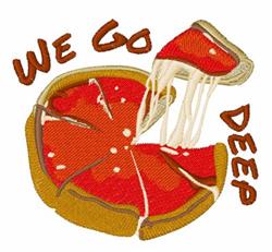 Playful pizza slice with gooey cheese, vibrant toppings, and text 'WE GO DEEP' in colorful design.
