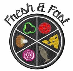 Colorful pizza slice with mushrooms, cheese, and veggies, featuring playful 'Fresh & Fast' text above.