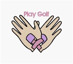 Playful cartoonish design featuring two hands in light tan with colorful wrist supports and 'Play Golf' in pink.