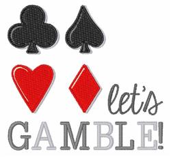 Playing card symbols with a black spade, vibrant red heart, and diamond, featuring bright 'let's GAMBLE!' text, perfect for p