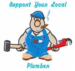 Cartoon plumber character in blue overalls with a hammer and pipe wrench, cheerful expression, and vibrant design.