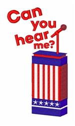 Podium with red and white stripes and a blue base, topped by a microphone, featuring bold text for a patriotic theme.