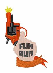 Hand pointing up at a vibrant 'FUN RUN' banner with an orange toy gun and playful design elements.