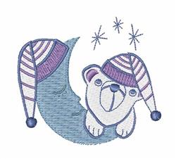Playful polar bear resting on a blue crescent moon, wearing a purple striped nightcap under a starry winter sky.