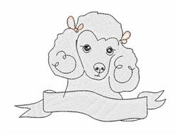 Playful poodle with fluffy curls, adorned with bows on ears and a soft pastel ribbon banner.