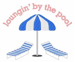 Playful pool umbrella with blue and white stripes, set over two beach chairs, with 'loungin' by the pool' text above.