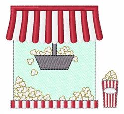 Playful popcorn stand featuring a bright red and white striped awning and a cheerful bucket of popcorn, perfect for movie nig