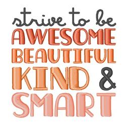 Playful typography featuring positive affirmations 'AWESOME', 'BEAUTIFUL', and 'KIND' in peach and coral hues.