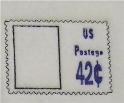 Simple postage stamp featuring bold 'US' and 'Postage' text, with '42¢' denomination and scalloped edges.