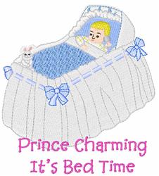 Baby in a light crib with soft bedding, cuddly bunny, and playful pink text for a whimsical bedtime scene.