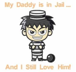 Cartoon character in striped prisoner outfit with ball and chain, playfully grinning, perfect for light-hearted machine embro
