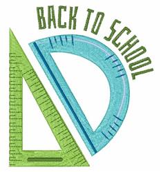 Applique back to school design featuring a playful protractor and triangle ruler in blue and green, with energetic text.