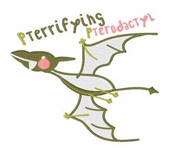 Playful pterodactyl with green hues and a pink cheek, featuring 'Pterrifying Pterodactyl' text for Halloween.