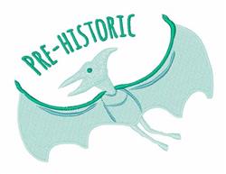 Playful pterosaur in light blue with outstretched wings, 'PRE-HISTORIC' text arching above, ideal for children's educational