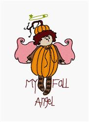 Applique angel dressed as a pumpkin with pink wings and a halo, in a whimsical fall theme.