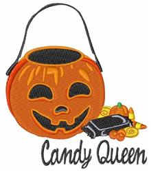 Applique pumpkin candy bucket with a smiling face, black handle, and colorful candies, perfect for Halloween.