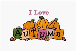 Colorful Applique pumpkins stacked above blocks saying 'I Love Autumn,' with playful leaves, perfect for fall decor.