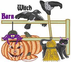 Playful pumpkin with carved face, surrounded by a witch hat, black cat, broom, and crow for Halloween decor.
