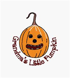 Whimsical orange pumpkin with a smiling face and cartoonish features, surrounded by 'Grandma's Little Pumpkin' text, perfect