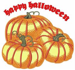 Colorful pumpkins with detailed ribbing and green stems, featuring bold 'happy halloween' text in red.