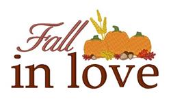 Whimsical pumpkins in orange with autumn leaves and wheat, featuring 'Fall in love' text in brown. Perfect for fall decor.