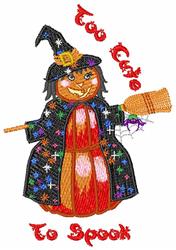 Playful pumpkin character as a witch in black robe with stars, holding a broom with spider web, perfect for Halloween.